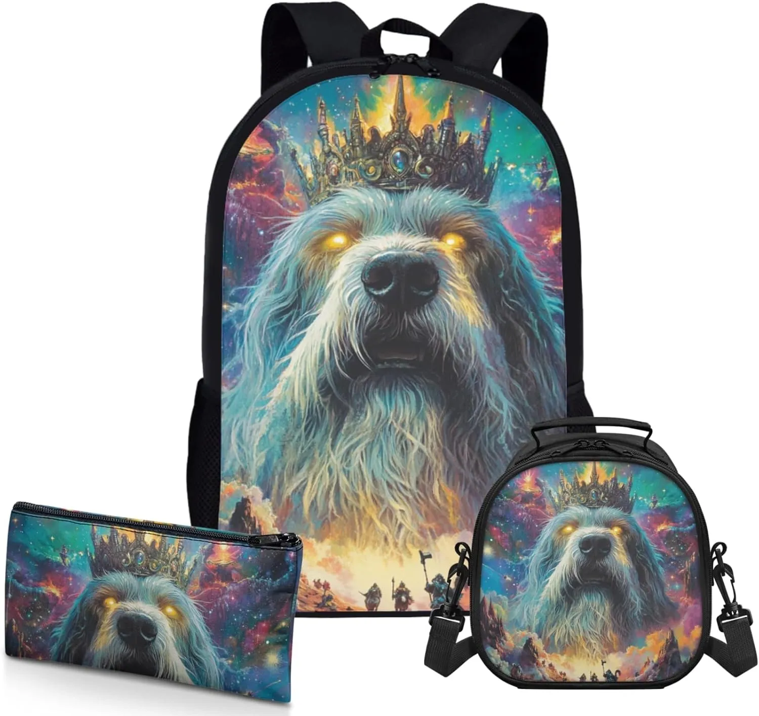 AmzPrint Bearded Collie Dog Bookbag Matching Lunch Bags For Girls Middle School 3 Pcs Backpack Set Back To School Bag Gifts