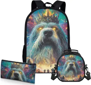 AmzPrint Bearded Collie Dog Bookbag Matching Lunch Bags For Girls Middle School 3 Pcs Backpack Set Back To School Bag Gifts