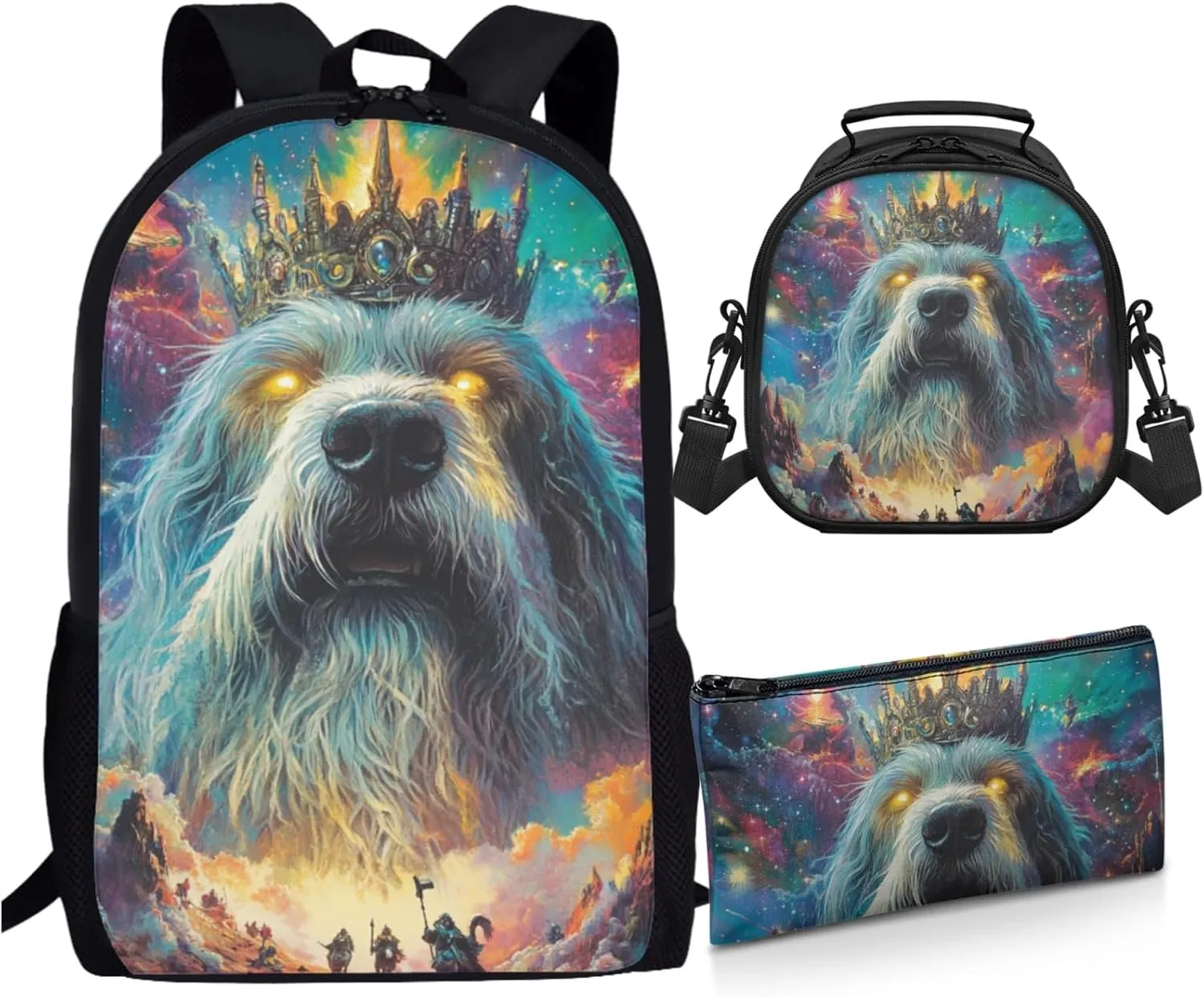 AmzPrint Bearded Collie Dog Bookbag Matching Lunch Bags For Girls Middle School 3 Pcs Backpack Set Back To School Bag Gifts