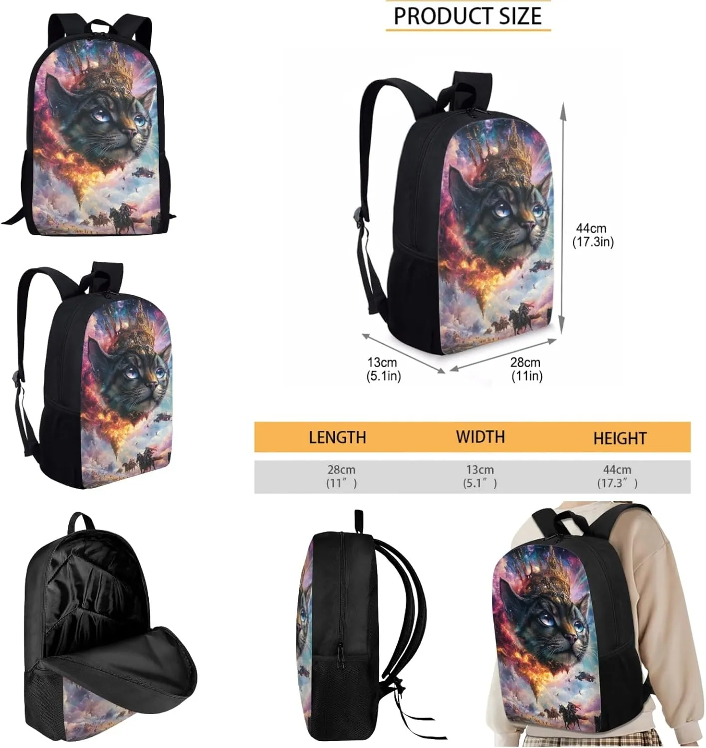 AmzPrint Bengal Cat School Backpack With Lunch Box Set For Boys Junior High School 3Pc Backpack Set Back To School Bag Gifts