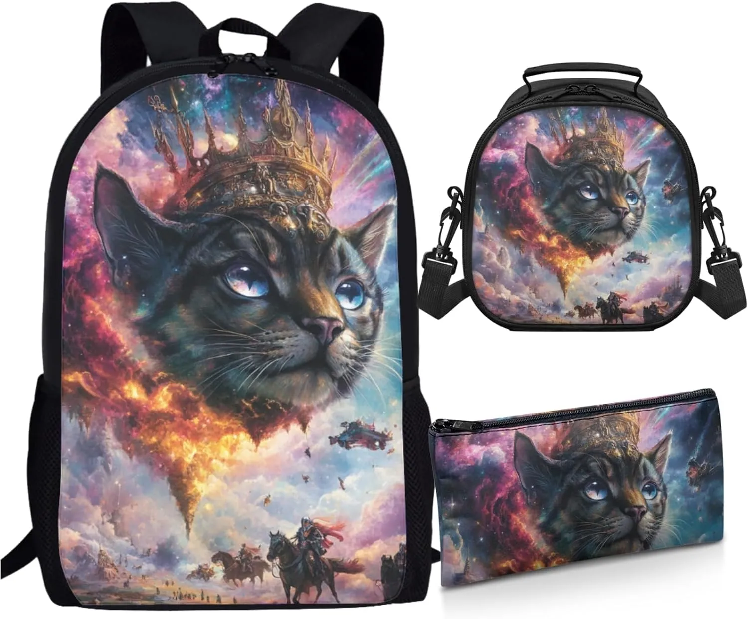 AmzPrint Bengal Cat School Backpack With Lunch Box Set For Boys Junior High School 3Pc Backpack Set Back To School Bag Gifts