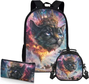 AmzPrint Bengal Cat School Backpack With Lunch Box Set For Boys Junior High School 3Pc Backpack Set Back To School Bag Gifts