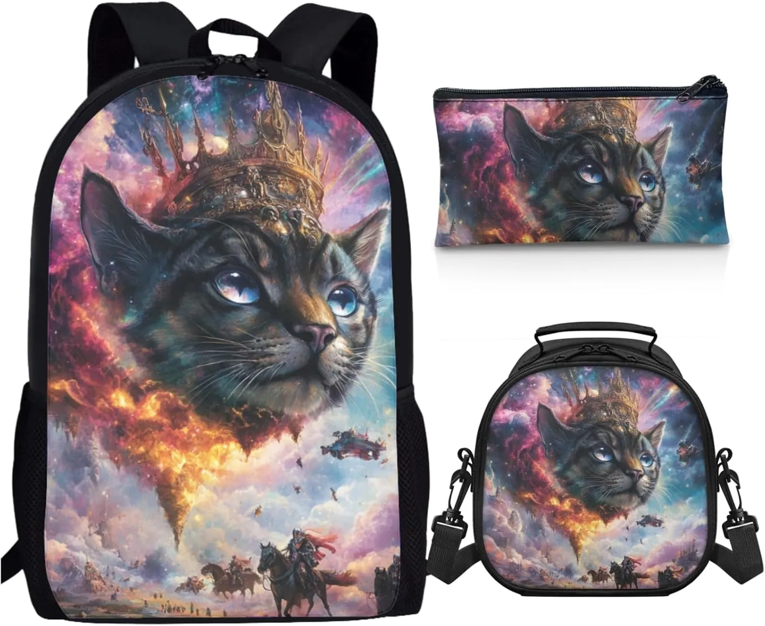 AmzPrint Bengal Cat School Backpack With Lunch Box Set For Boys Junior High School 3Pc Backpack Set Back To School Bag Gifts