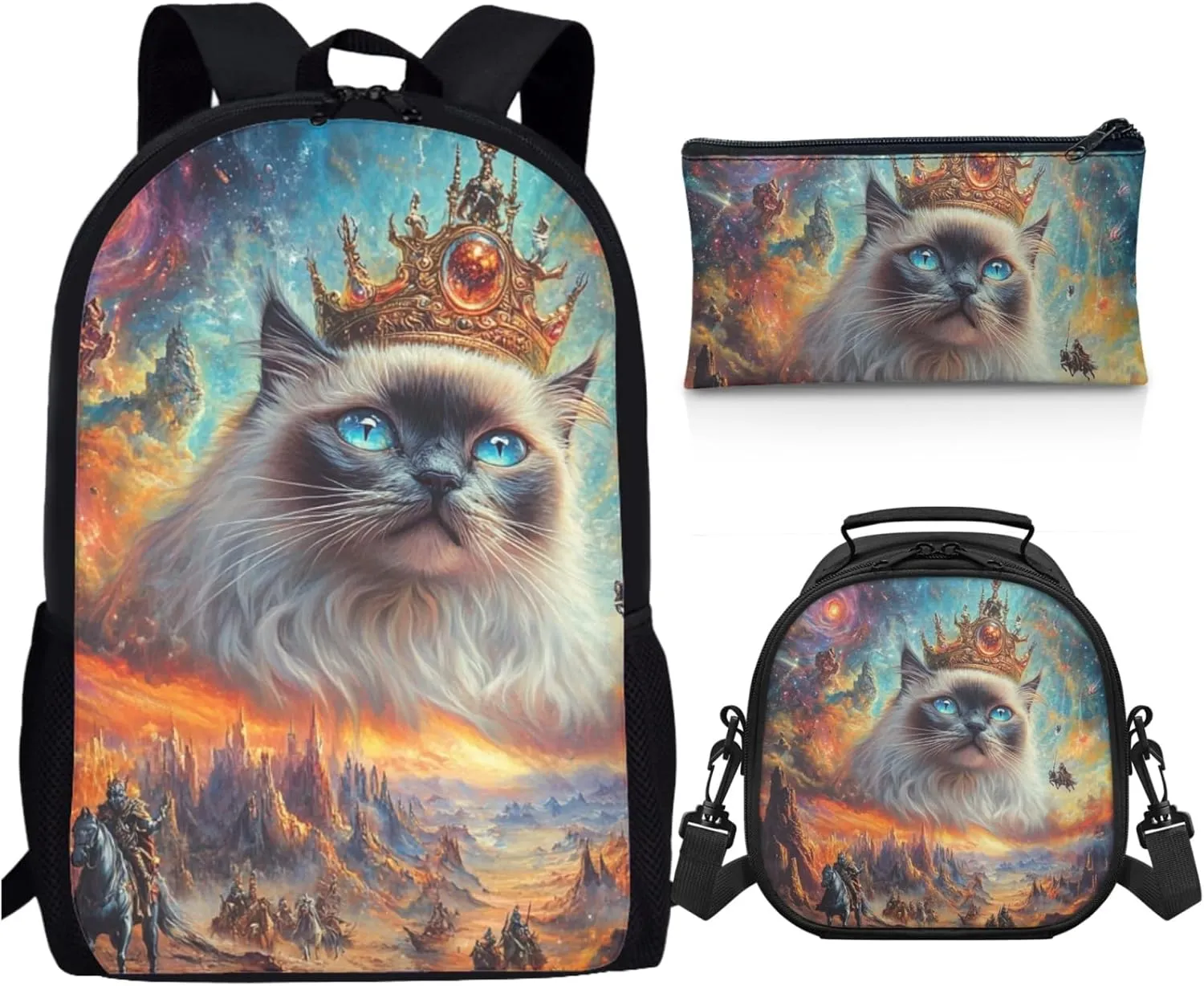 AmzPrint Birman Cat School Backpack And Lunch Kit Set For Girls Preschool 3 Pcs Backpack Set Back To School Bag Gifts