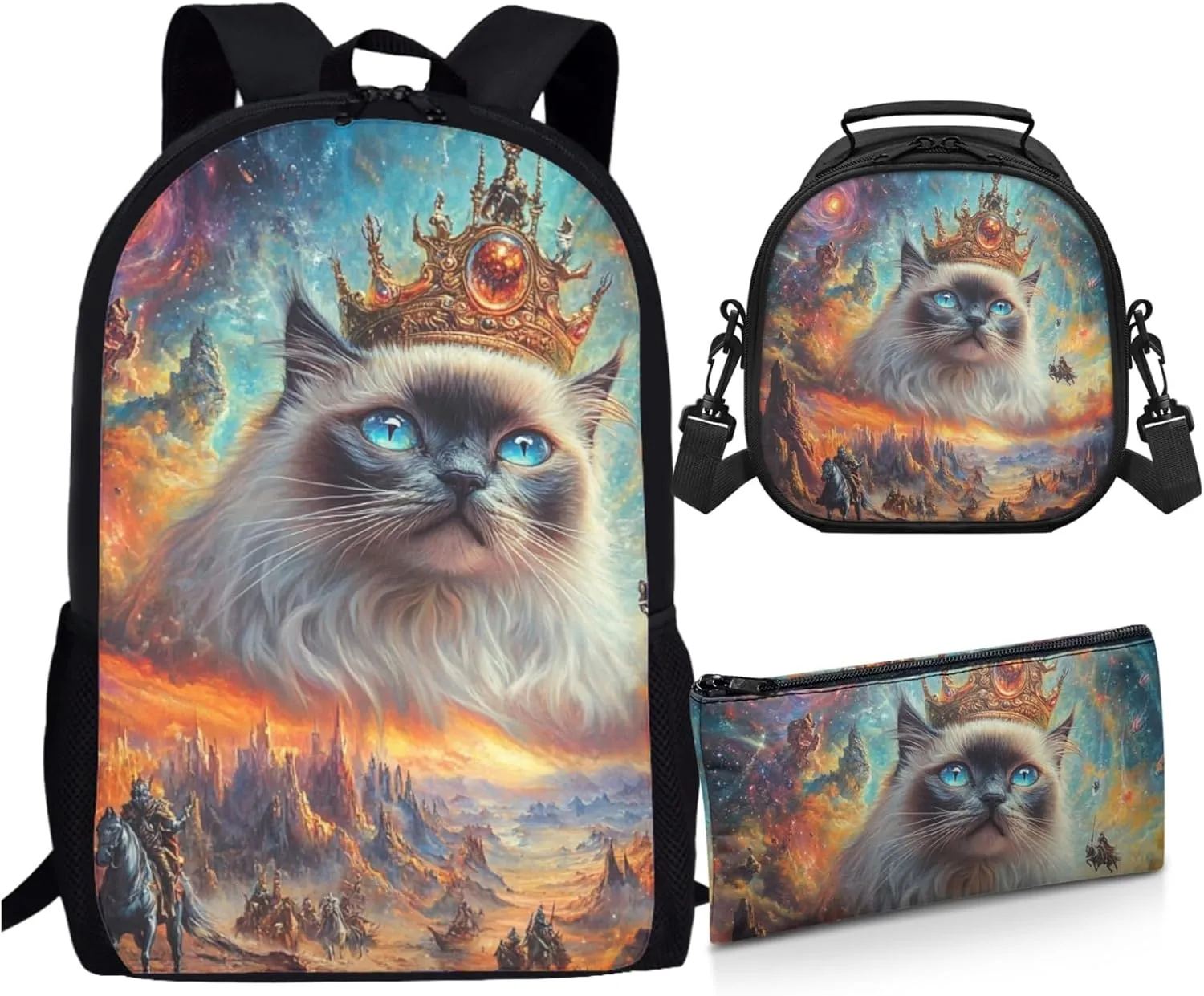 AmzPrint Birman Cat School Backpack And Lunch Kit Set For Girls Preschool 3 Pcs Backpack Set Back To School Bag Gifts