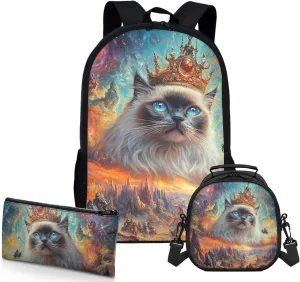 AmzPrint Birman Cat School Backpack And Lunch Kit Set For Girls Preschool 3 Pcs Backpack Set Back To School Bag Gifts