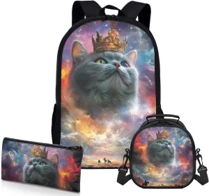 AmzPrint British Shorthair Cat Bookbag And Lunch Bag Set For Girls Preschool 3 In 1 Backpack Set Back To School Bag Gifts