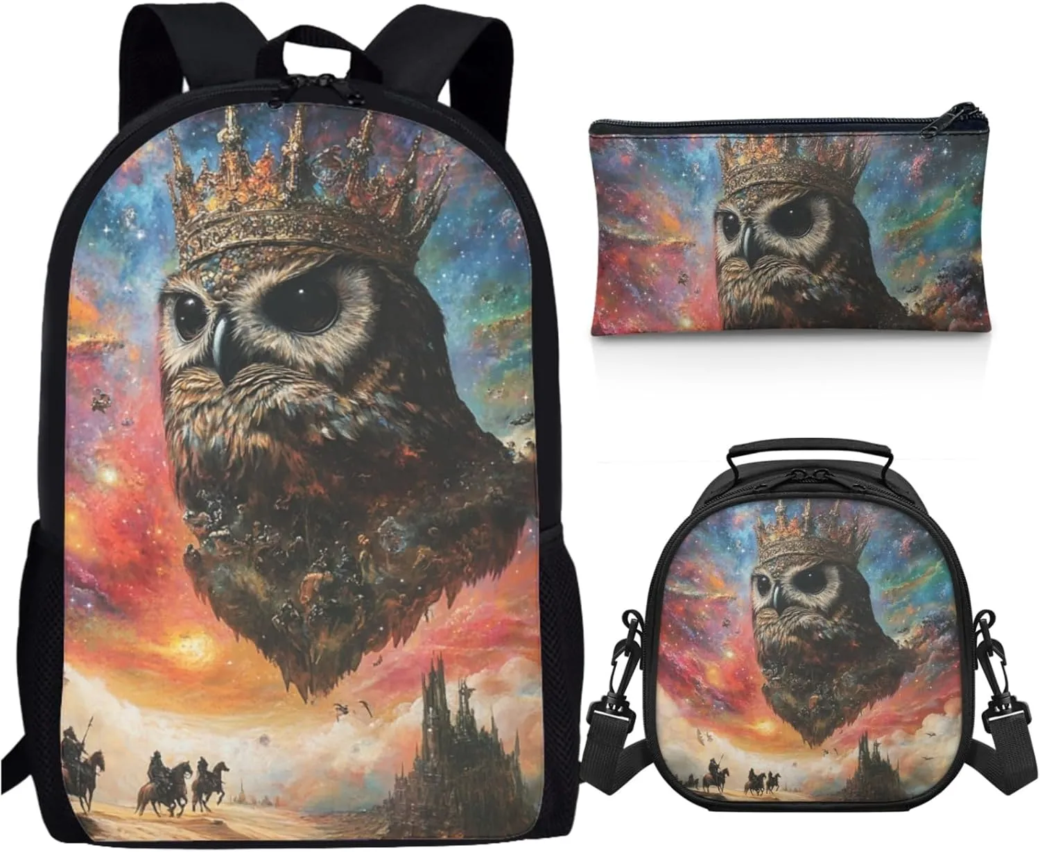 AmzPrint Buffy Fish Owl Bookbag Matching Lunch Bag For Students Girls Boys Junior High School 3 Pcs Backpack Set