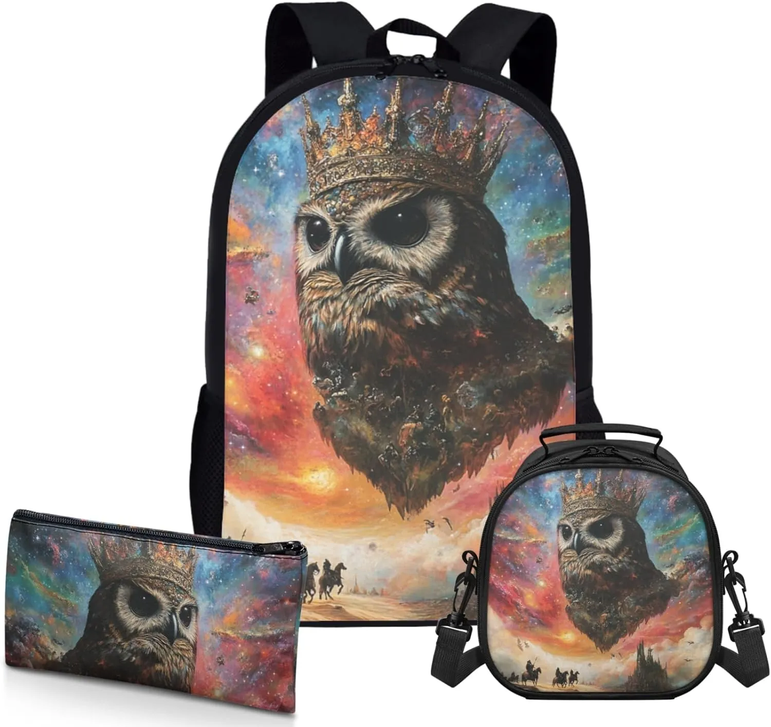 AmzPrint Buffy Fish Owl Bookbag Matching Lunch Bag For Students Girls Boys Junior High School 3 Pcs Backpack Set