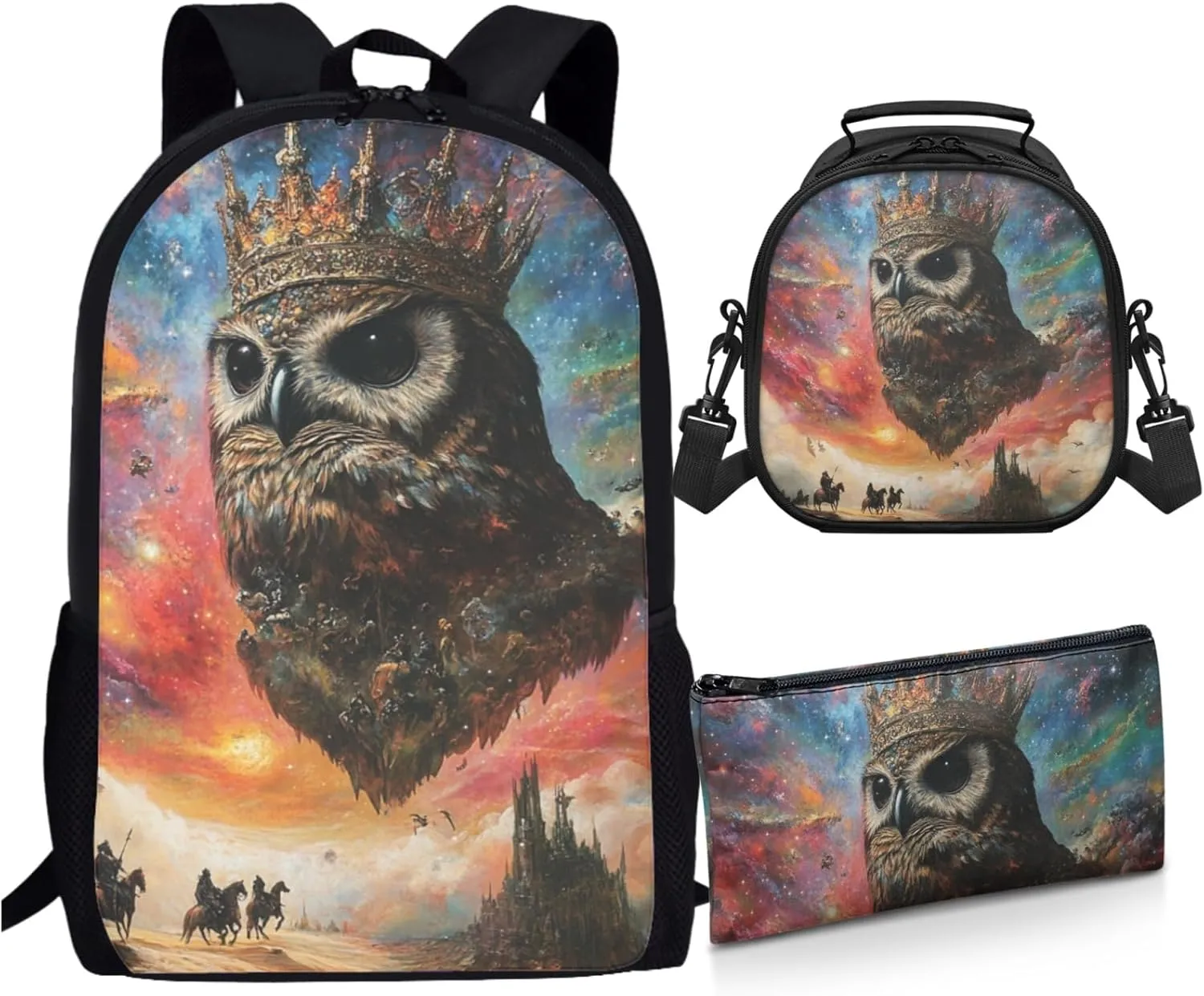 AmzPrint Buffy Fish Owl Bookbag Matching Lunch Bag For Students Girls Boys Junior High School 3 Pcs Backpack Set