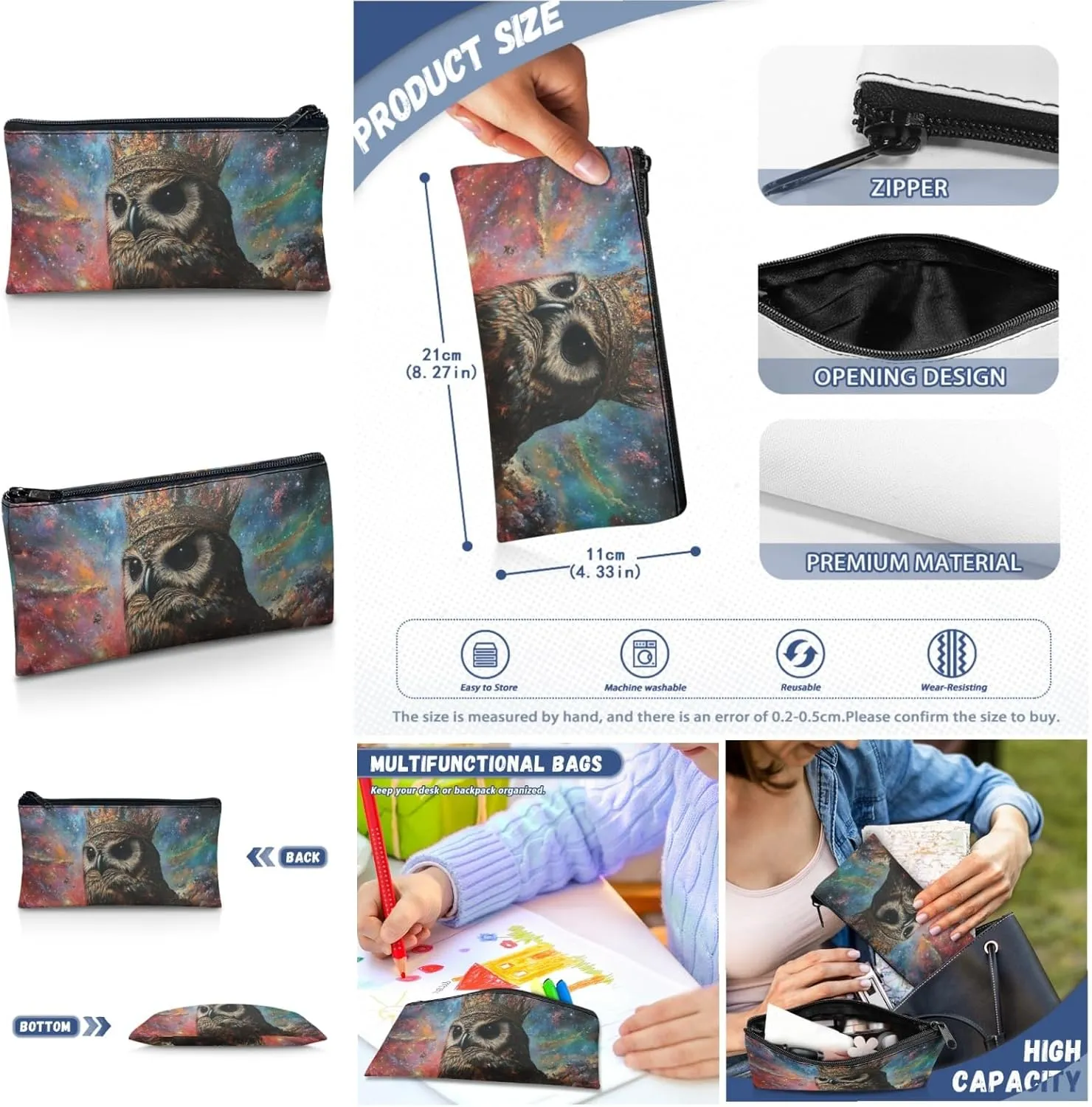 AmzPrint Buffy Fish Owl Bookbag Matching Lunch Bag For Students Girls Boys Junior High School 3 Pcs Backpack Set