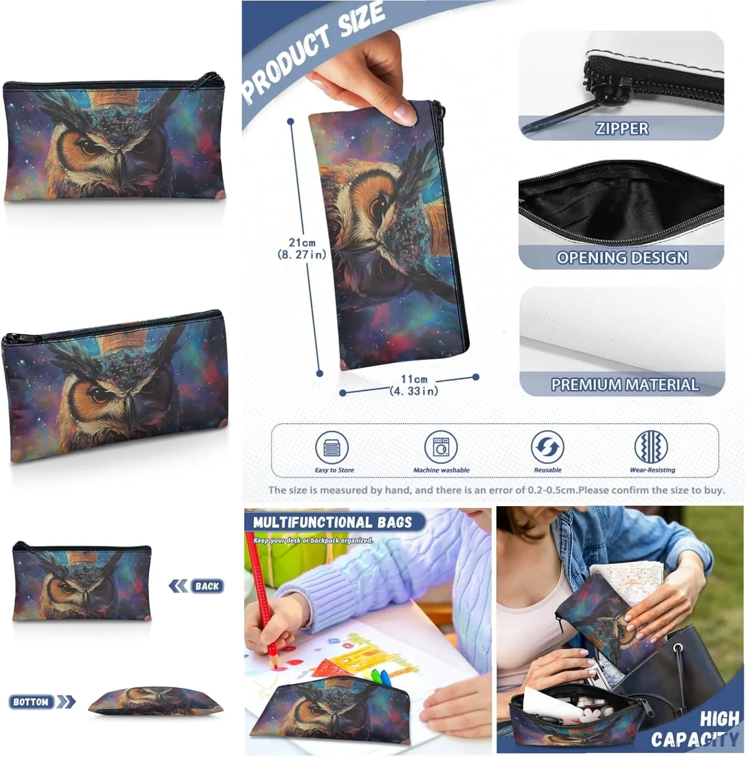 AmzPrint Buffy Fish Owl Bookbag Matching Lunch Box For Students Girls Boys Junior High School 3Pcs Backpack Set