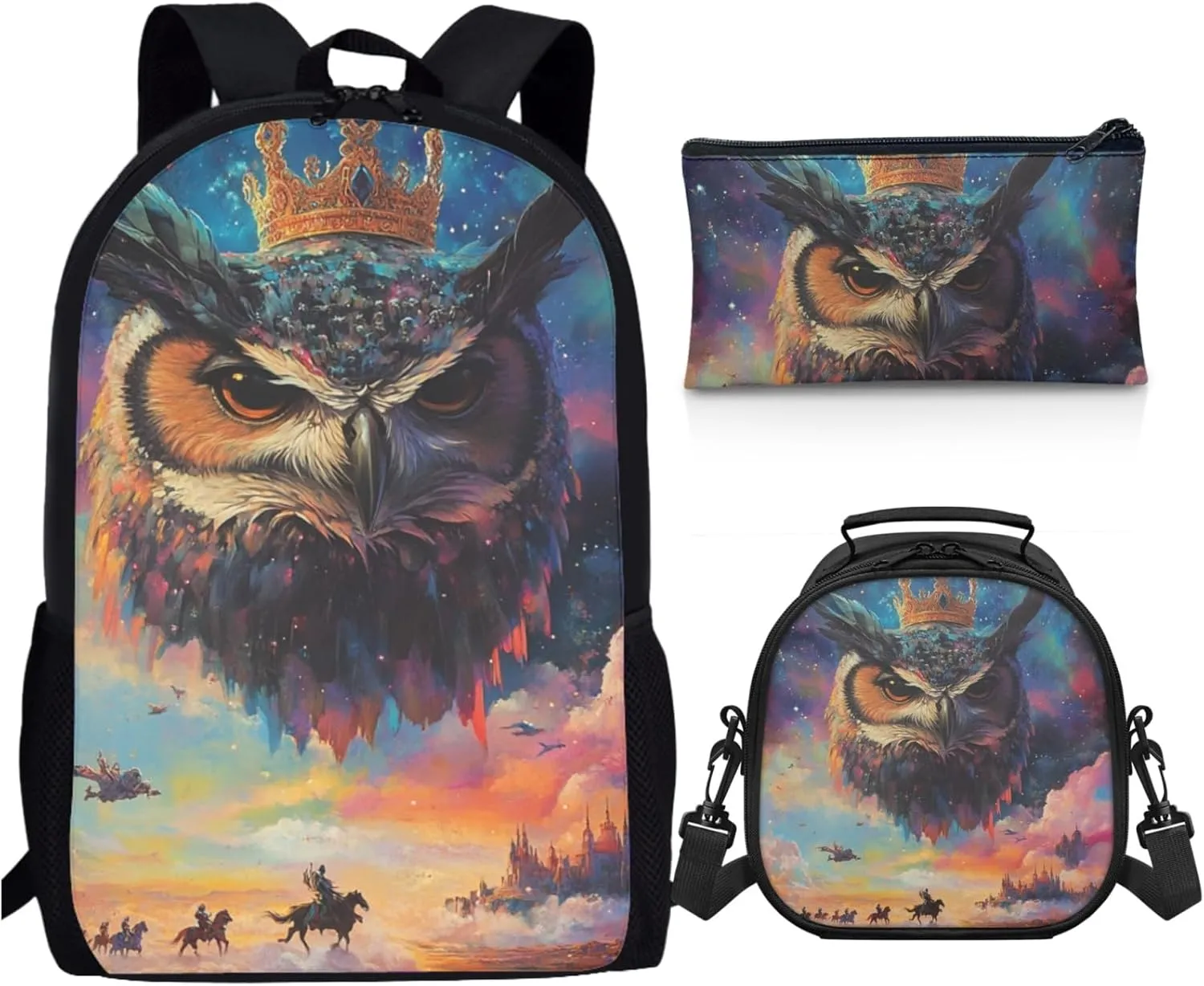 AmzPrint Buffy Fish Owl Bookbag Matching Lunch Box For Students Girls Boys Junior High School 3Pcs Backpack Set