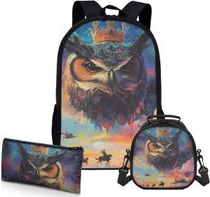 AmzPrint Buffy Fish Owl Bookbag Matching Lunch Box For Students Girls Boys Junior High School 3Pcs Backpack Set