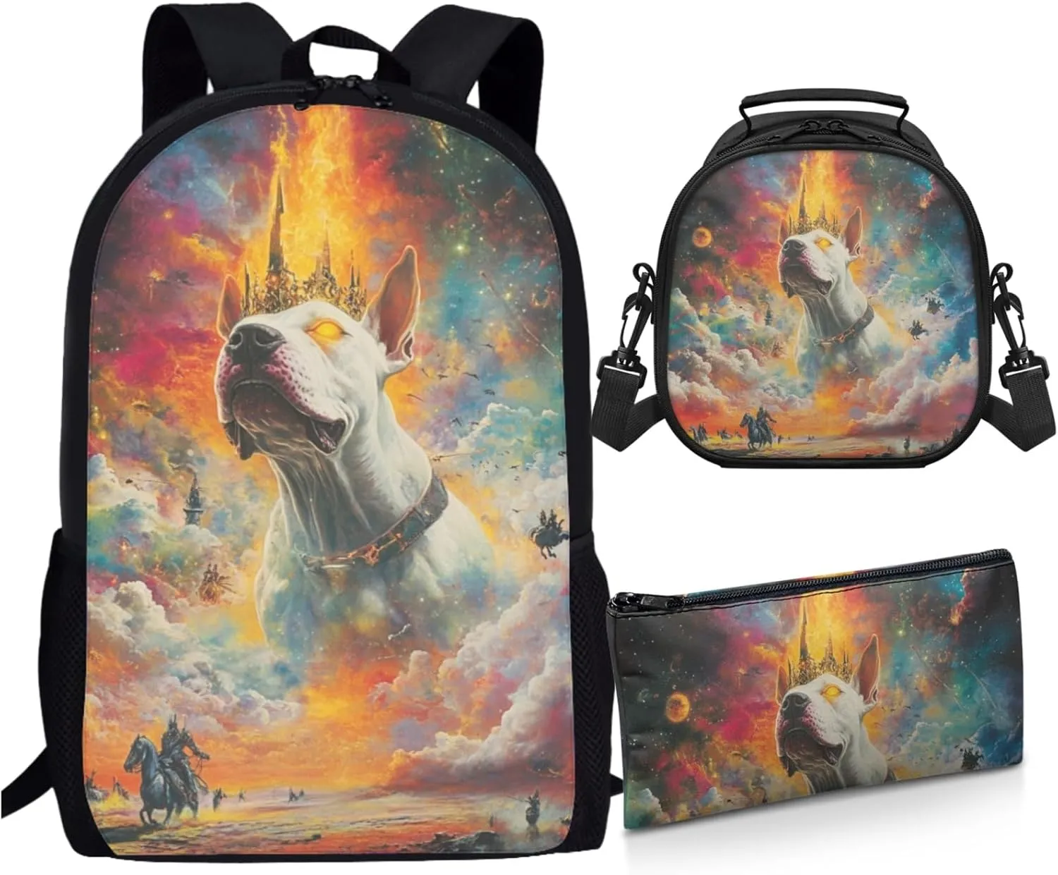 AmzPrint Bull Terrier Dog School Backpack With Lunch Boxes Set For Boys High School 3Pcs Backpack Set