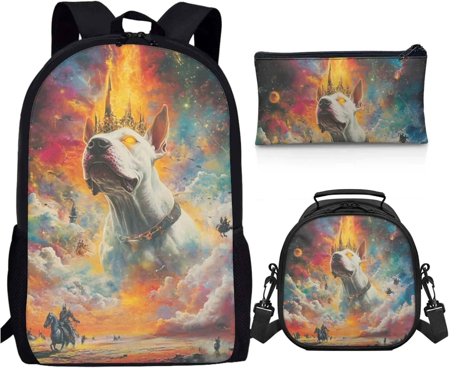 AmzPrint Bull Terrier Dog School Backpack With Lunch Boxes Set For Boys High School 3Pcs Backpack Set