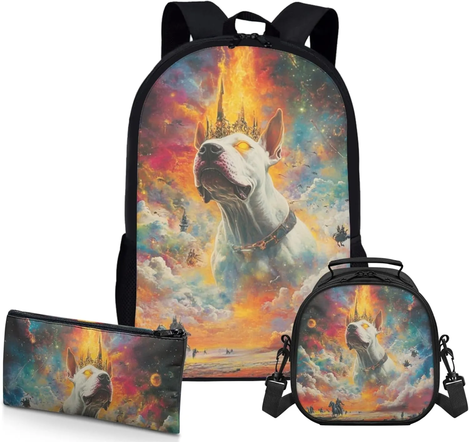 AmzPrint Bull Terrier Dog School Backpack With Lunch Boxes Set For Boys High School 3Pcs Backpack Set