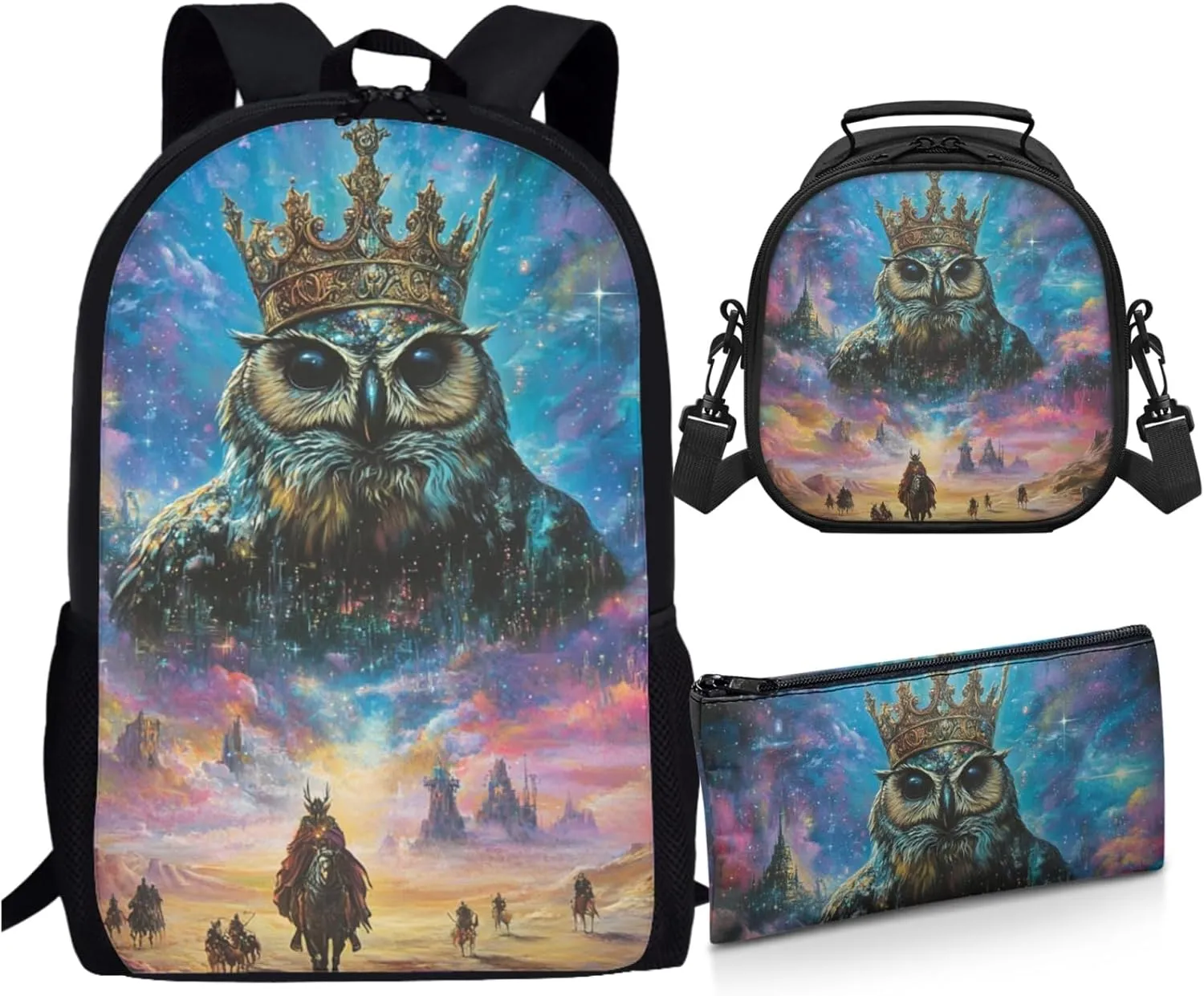 AmzPrint Burrowing Owl School Backpack With Lunch Kit Combo For Boys Junior High School 3-Piece Backpack Set
