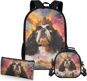 AmzPrint Cavalier King Charles Spaniel Dog School Bag And Lunch Boxes Set For Girls Middle School 3Pc Backpack Set