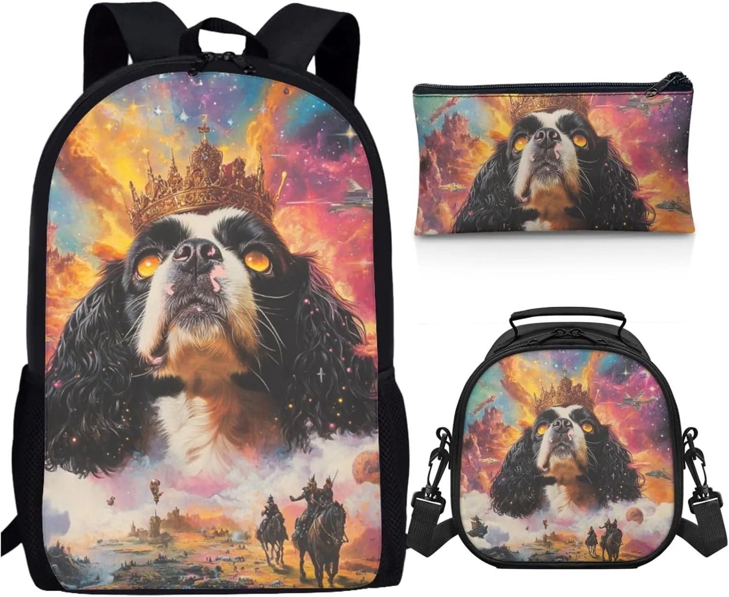 AmzPrint Cavalier King Charles Spaniel Dog School Bag And Lunch Boxes Set For Girls Middle School 3Pc Backpack Set
