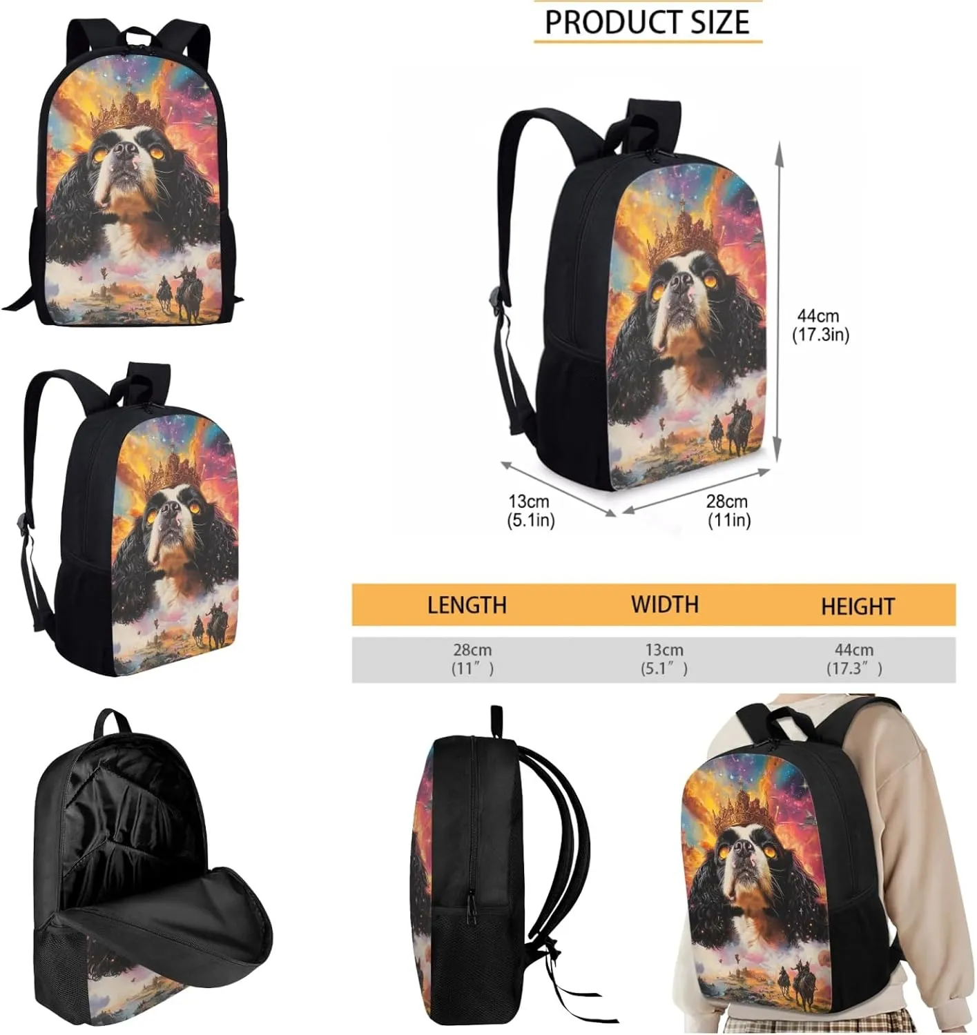 AmzPrint Cavalier King Charles Spaniel Dog School Bag And Lunch Boxes Set For Girls Middle School 3Pc Backpack Set