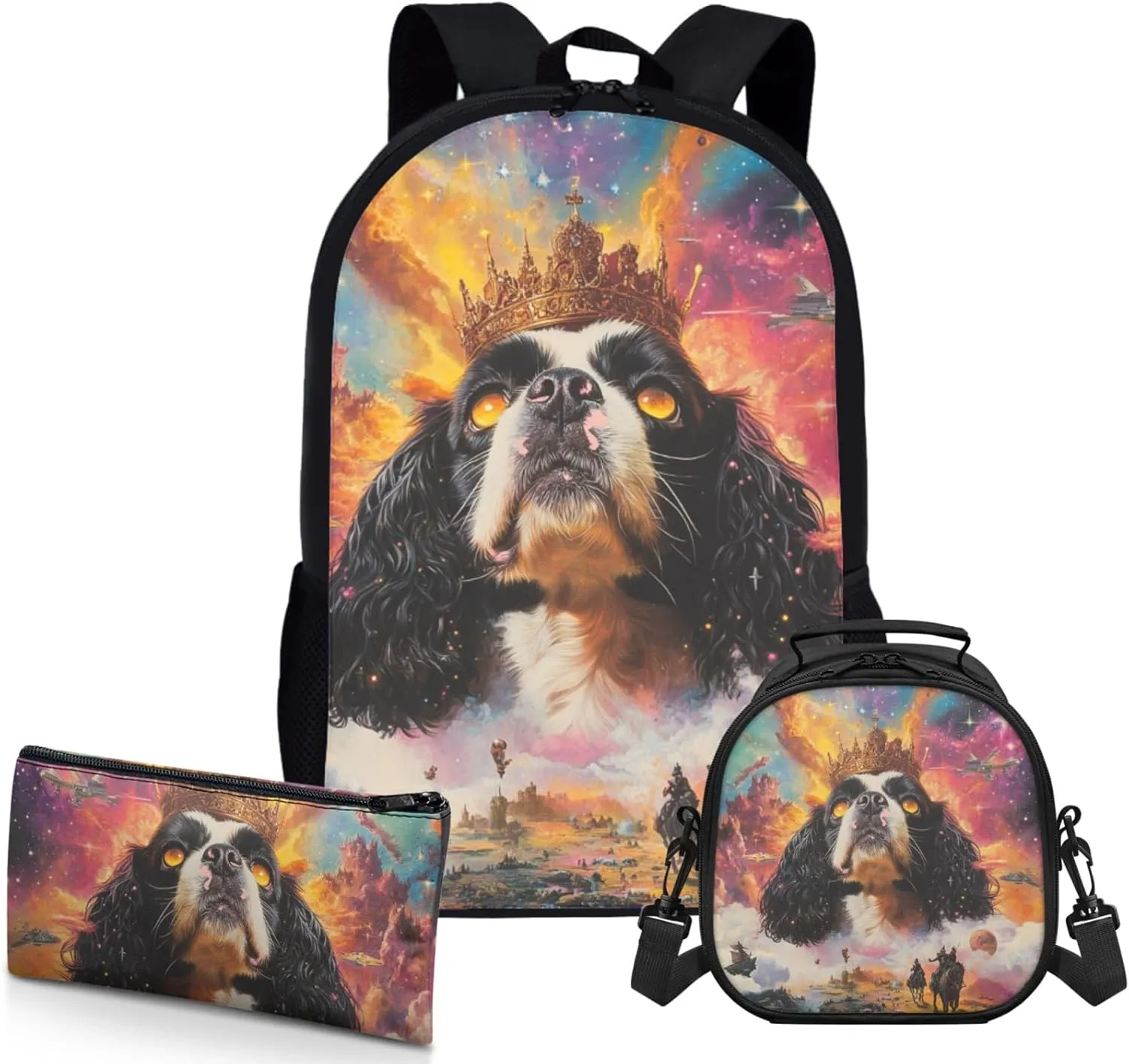 AmzPrint Cavalier King Charles Spaniel Dog School Bag And Lunch Boxes Set For Girls Middle School 3Pc Backpack Set