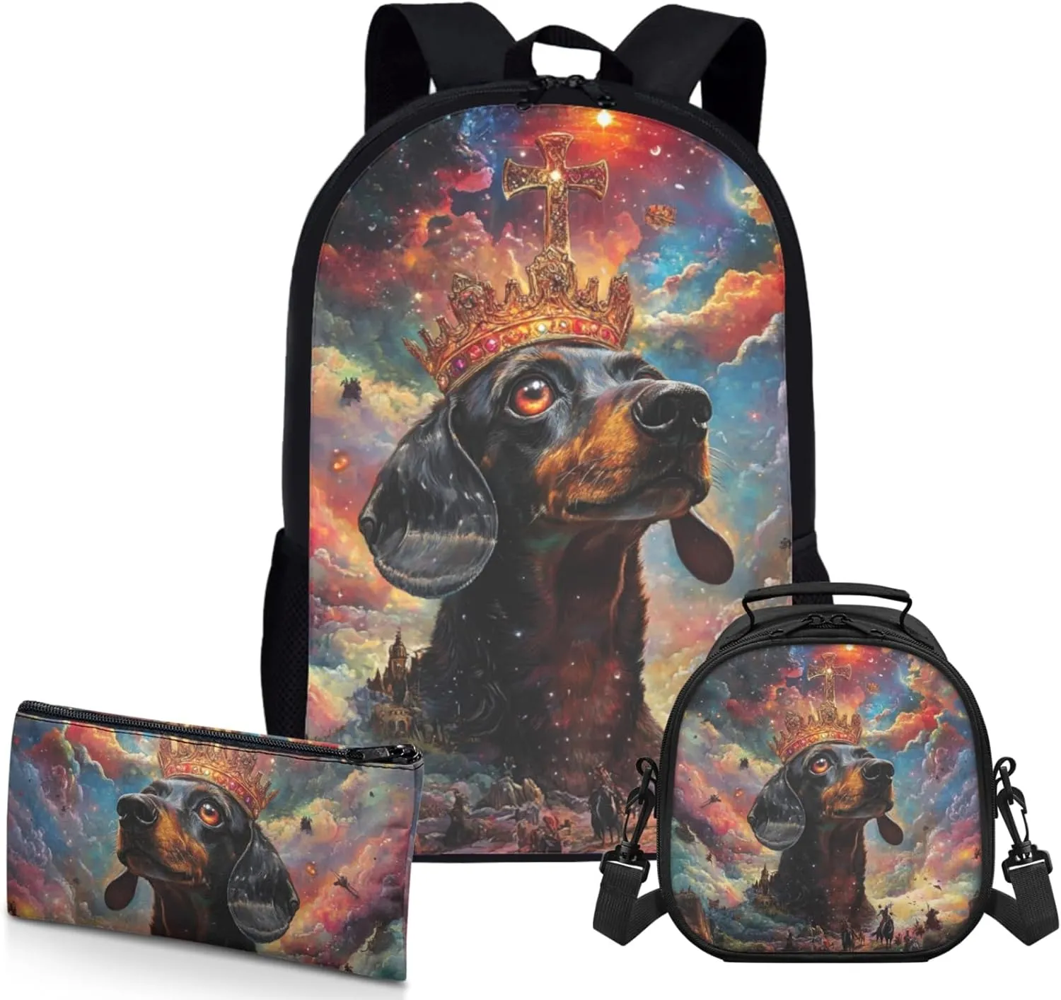 AmzPrint Dachshund Dog School Backpacks And Lunch Kit Set For Girls Junior High School 3-In-1 Backpack Set