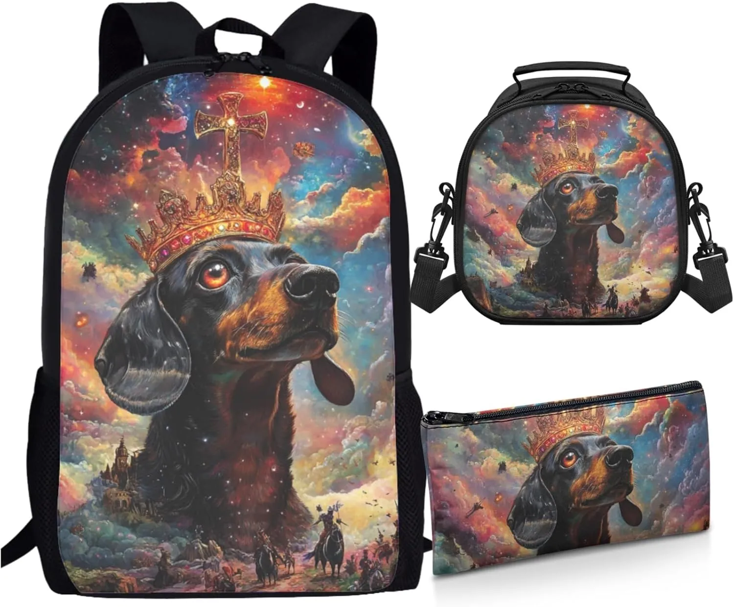 AmzPrint Dachshund Dog School Backpacks And Lunch Kit Set For Girls Junior High School 3-In-1 Backpack Set