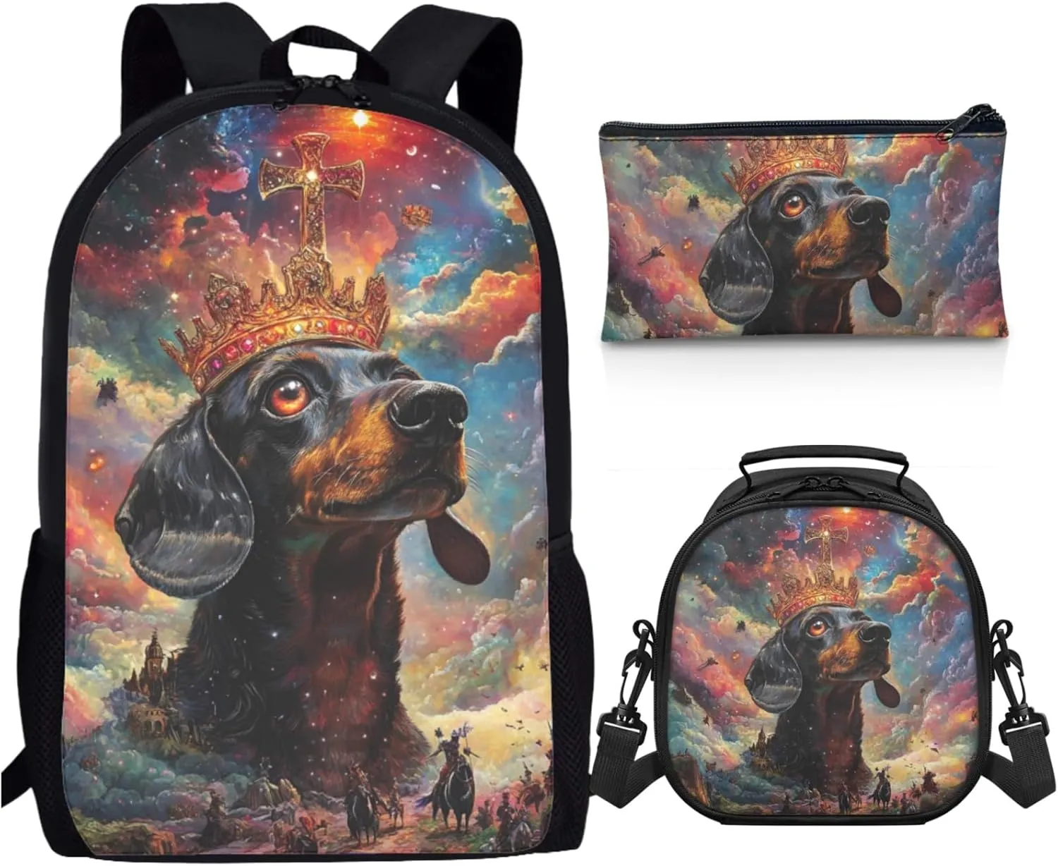 AmzPrint Dachshund Dog School Backpacks And Lunch Kit Set For Girls Junior High School 3-In-1 Backpack Set