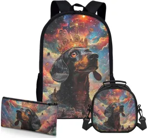AmzPrint Dachshund Dog School Backpacks And Lunch Kit Set For Girls Junior High School 3-In-1 Backpack Set