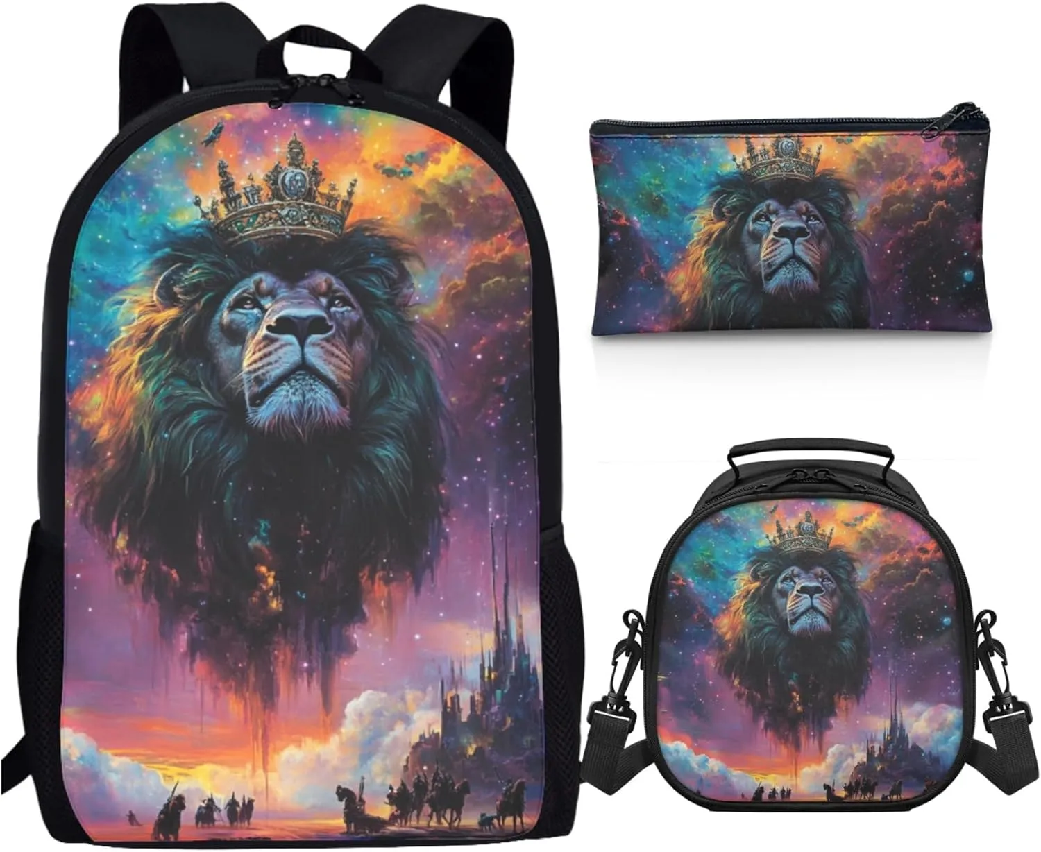 AmzPrint East African Lion Backpack With Lunch Box For Students Girls Boys Elementary School 3 Pcs Backpack Set