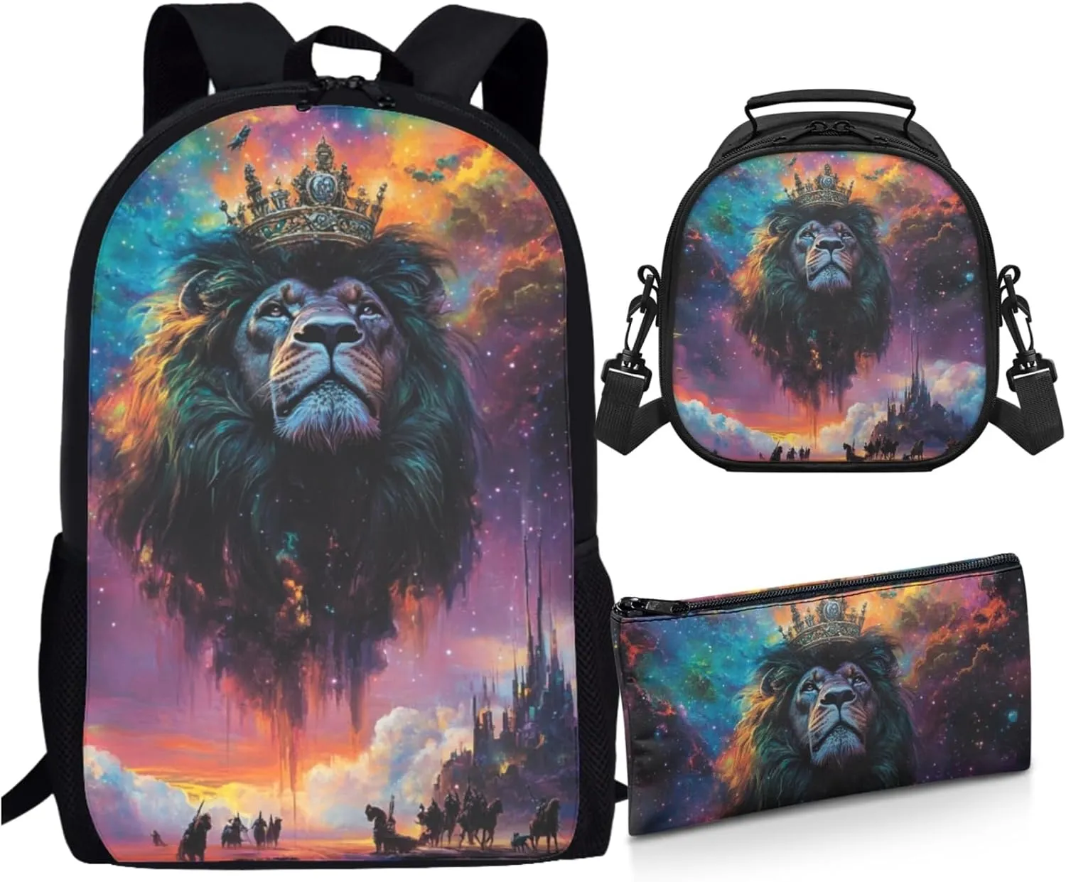 AmzPrint East African Lion Backpack With Lunch Box For Students Girls Boys Elementary School 3 Pcs Backpack Set