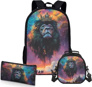 AmzPrint East African Lion Backpack With Lunch Box For Students Girls Boys Elementary School 3 Pcs Backpack Set