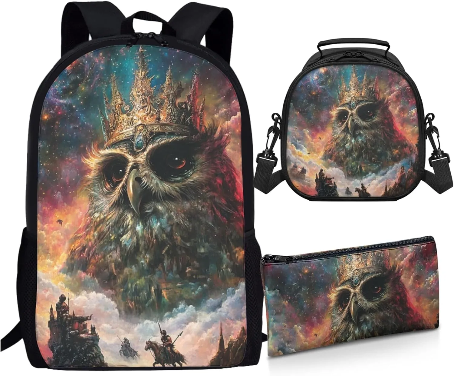 AmzPrint Ferrugions Pygmy Owl Backpack Matching Lunch Box Sets For Boys Elementary School 3-Piece Backpack Set
