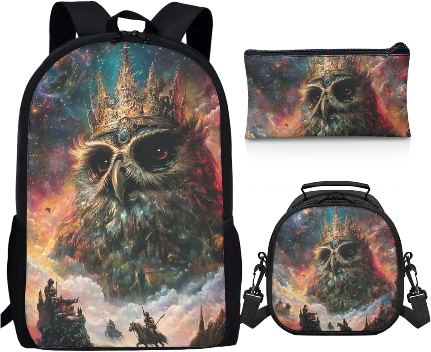 AmzPrint Ferrugions Pygmy Owl Backpack Matching Lunch Box Sets For Boys Elementary School 3-Piece Backpack Set