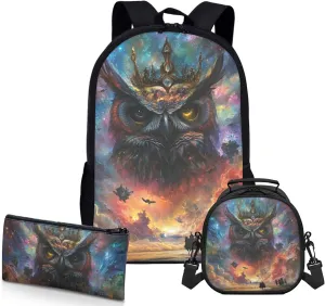 AmzPrint Flammulated Owl School Bag And Lunch Bags Sets For Girls Middle School 3 Pcs Backpack Set Back To School Bag Gifts