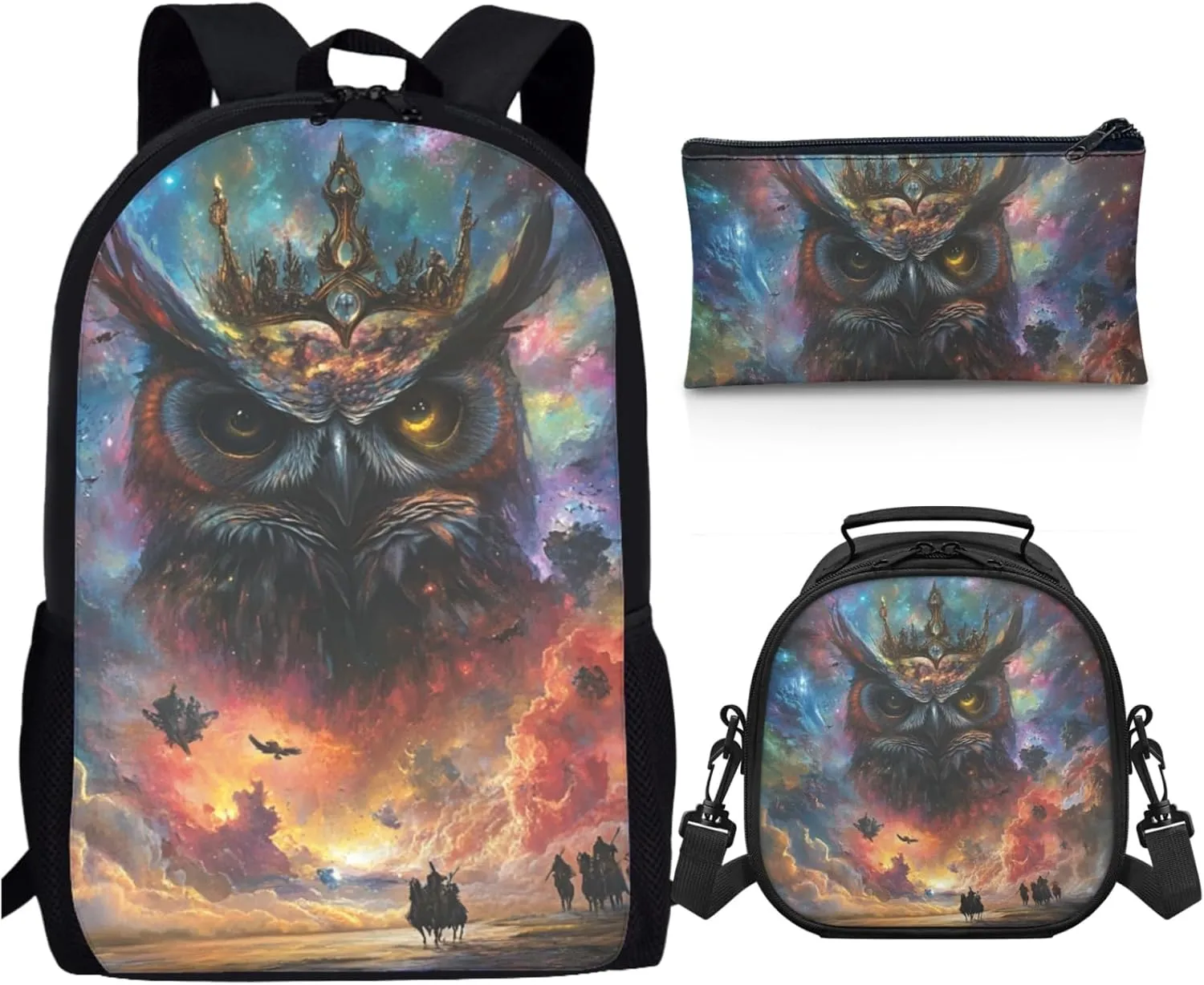 AmzPrint Flammulated Owl School Bag And Lunch Bags Sets For Girls Middle School 3 Pcs Backpack Set Back To School Bag Gifts