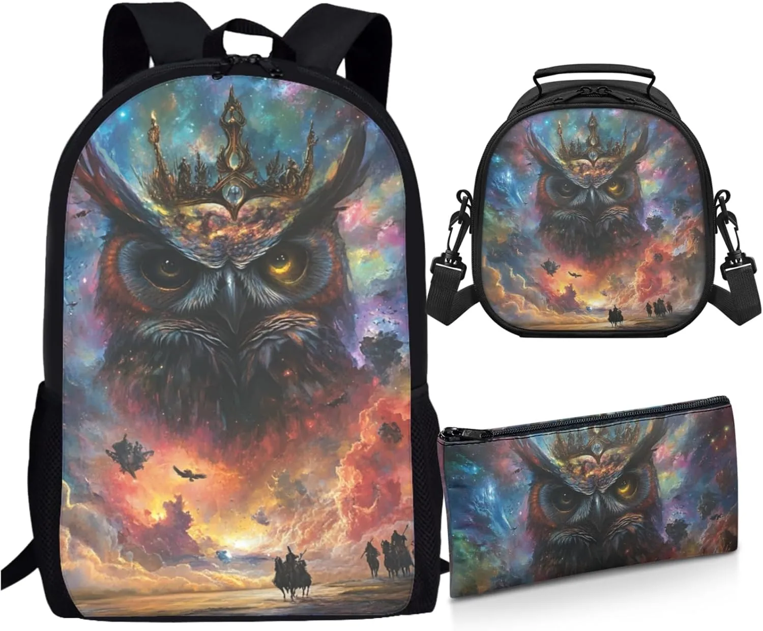 AmzPrint Flammulated Owl School Bag And Lunch Bags Sets For Girls Middle School 3 Pcs Backpack Set Back To School Bag Gifts