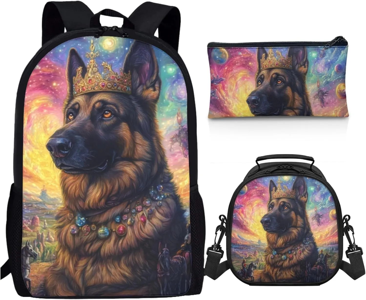 AmzPrint German Shepherd Dog School Backpacks With Lunch Kit For Girls Junior High School 3 In 1 Backpack Set