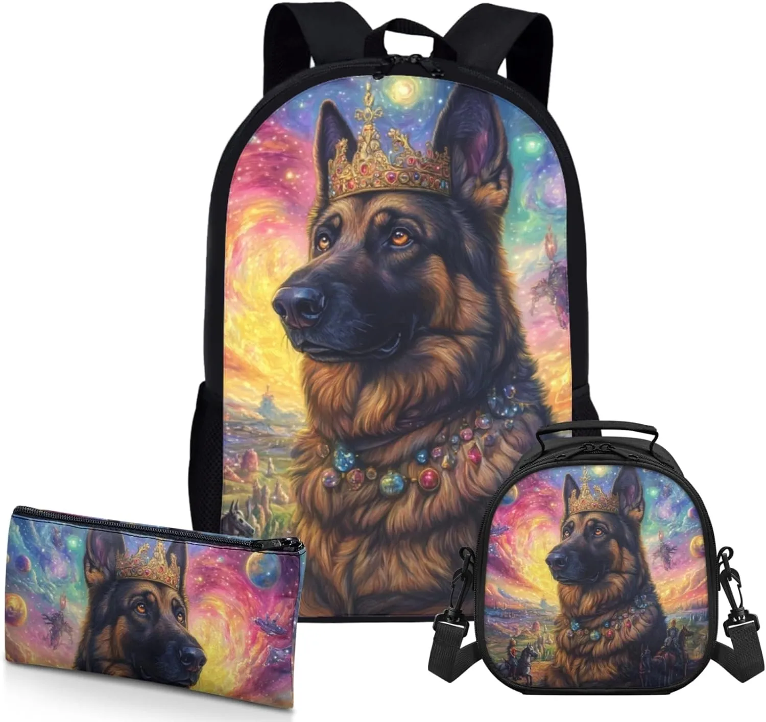 AmzPrint German Shepherd Dog School Backpacks With Lunch Kit For Girls Junior High School 3 In 1 Backpack Set