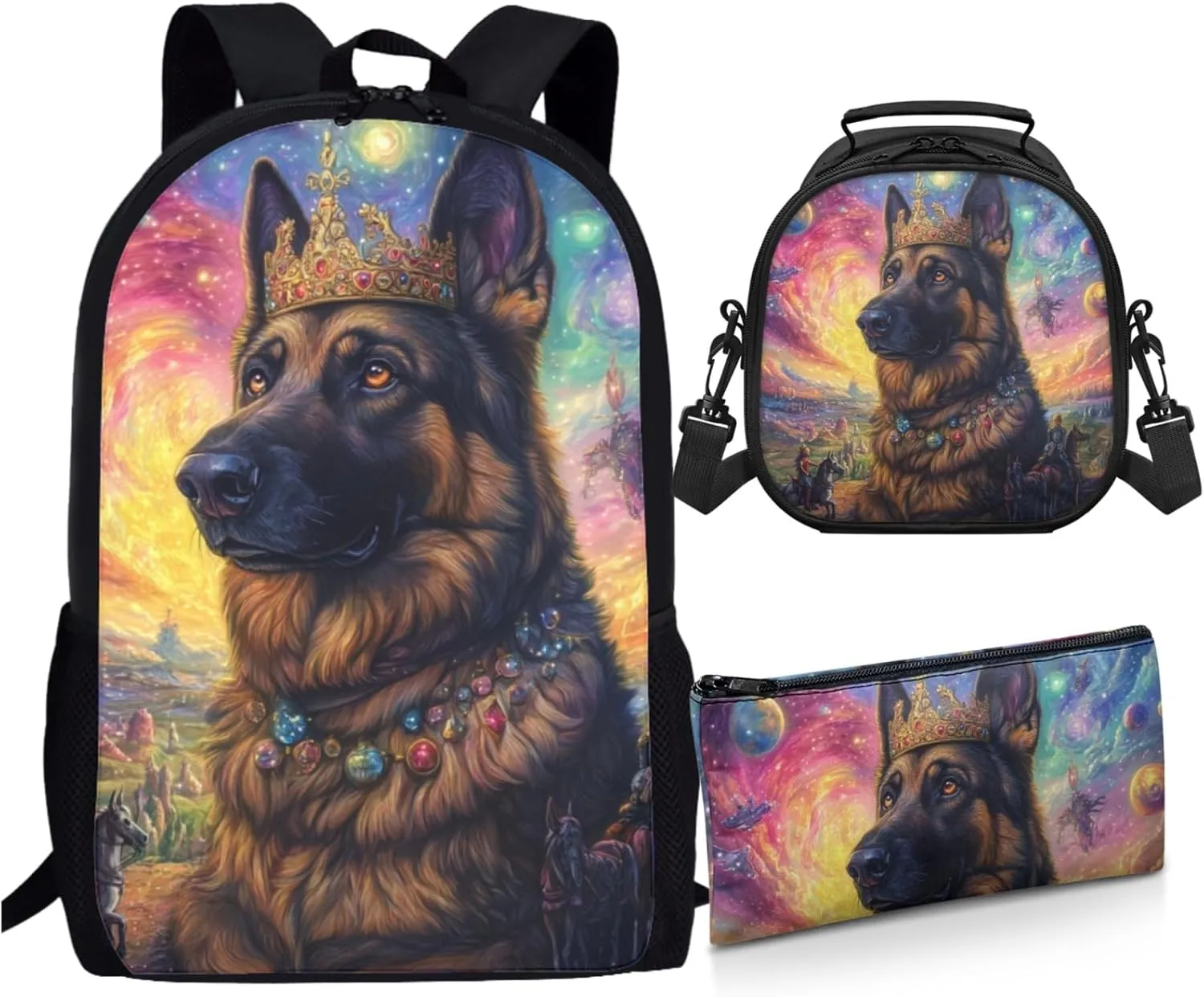 AmzPrint German Shepherd Dog School Backpacks With Lunch Kit For Girls Junior High School 3 In 1 Backpack Set