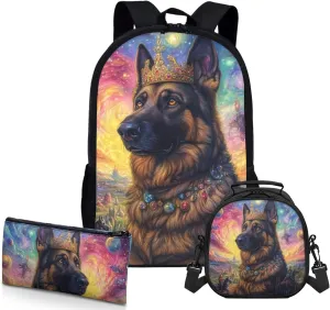 AmzPrint German Shepherd Dog School Backpacks With Lunch Kit For Girls Junior High School 3 In 1 Backpack Set