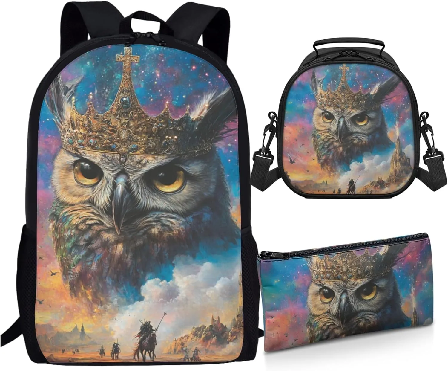 AmzPrint Hybrid Eagle Owl School Bag Matching Lunch Box For Students Girls Boys High School 3-Piece Backpack Set
