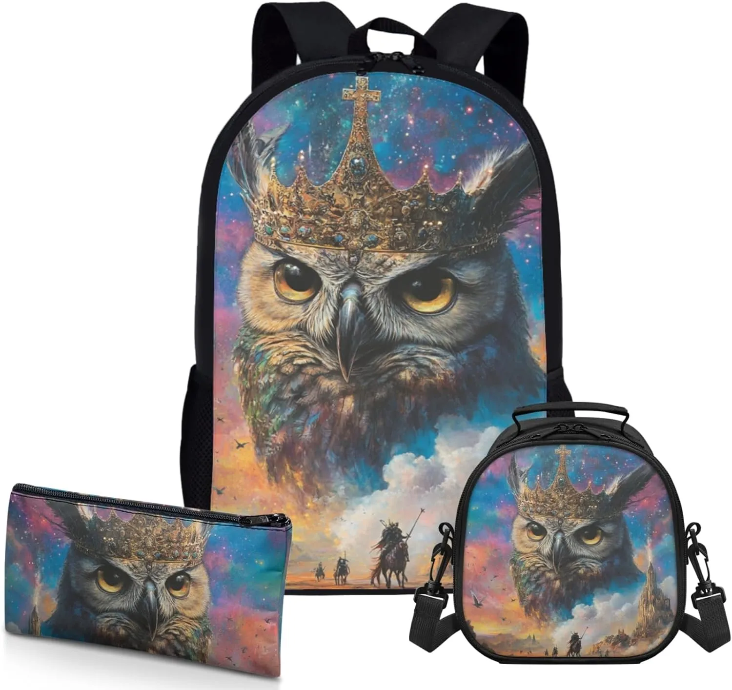 AmzPrint Hybrid Eagle Owl School Bag Matching Lunch Box For Students Girls Boys High School 3-Piece Backpack Set