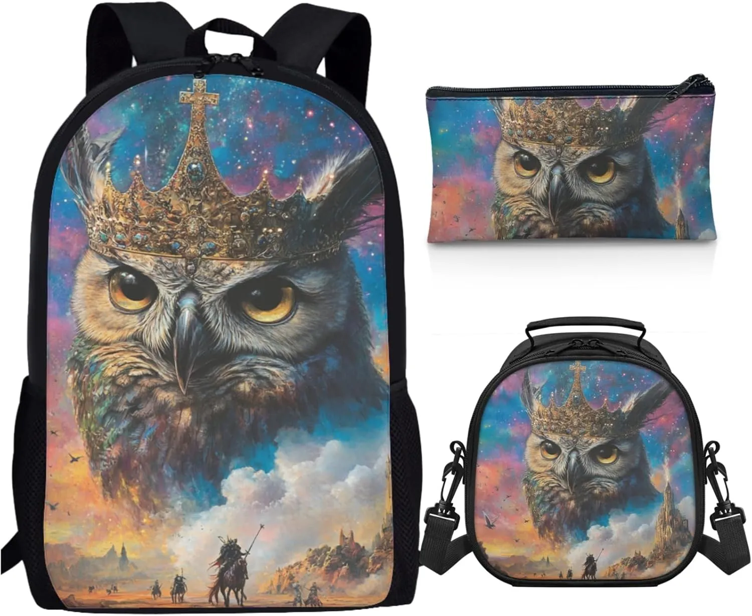 AmzPrint Hybrid Eagle Owl School Bag Matching Lunch Box For Students Girls Boys High School 3-Piece Backpack Set