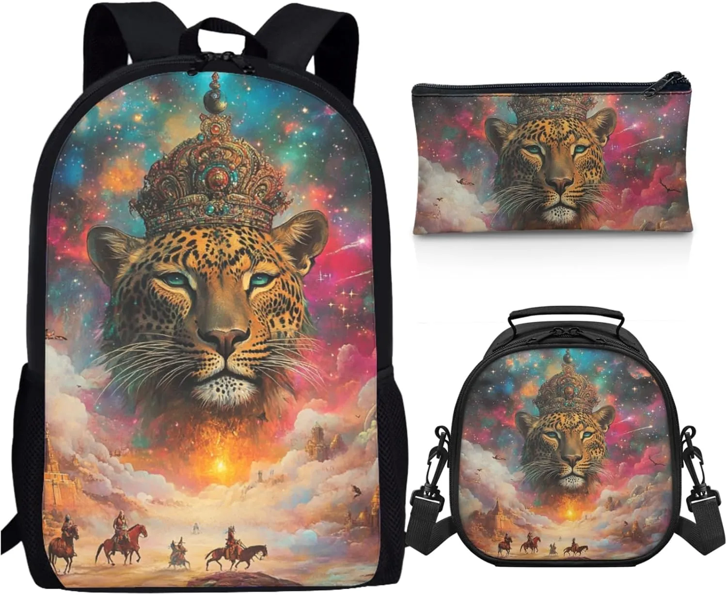 AmzPrint Indian Wolf School Bag Matching Lunch Bags For Students Girls Boys Primary School 3Pcs Backpack Set