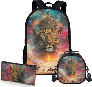 AmzPrint Indian Wolf School Bag Matching Lunch Bags For Students Girls Boys Primary School 3Pcs Backpack Set