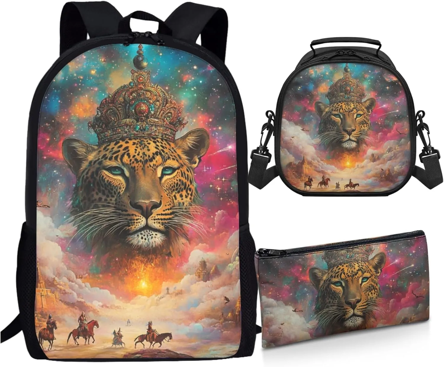 AmzPrint Indian Wolf School Bag Matching Lunch Bags For Students Girls Boys Primary School 3Pcs Backpack Set