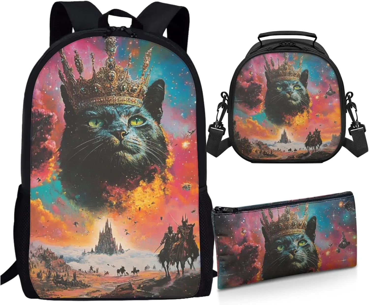 AmzPrint Somali Cat School Backpack Matching Lunch Bag Combo For Boys Middle School 3 In 1 Backpack Set