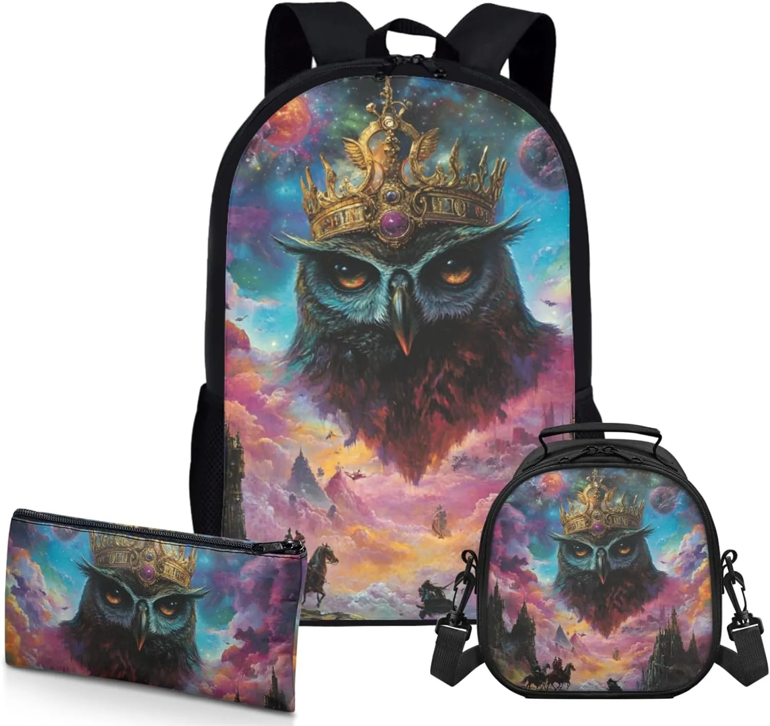 AmzPrint Stygian Owl School Backpacks Matching Lunch Kit Combo For Girls Middle School 3Pc Backpack Set